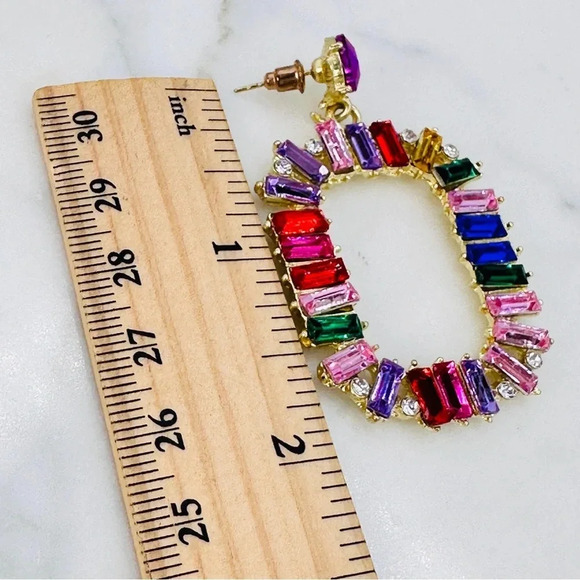 Glam Rhinestone Statement Earrings Colorful Baguette Dangle Rainbow Brig… - Picture 9 of 10